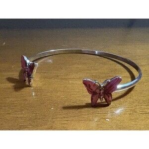 Vintage Enamel Pink Butterfly Silver Tone Cuff Bracelet Adjustable 7 3/4”